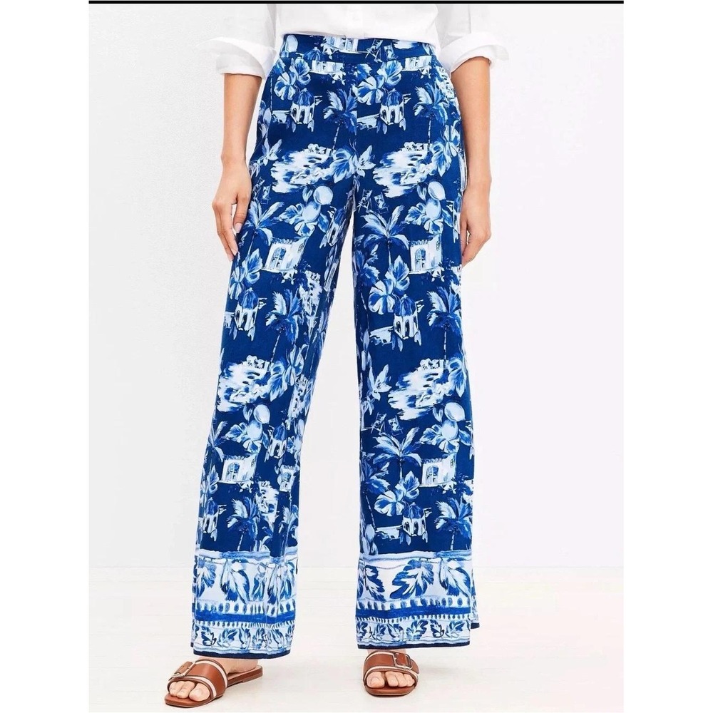 LOFT Palm Tree Mediterranean Print Wide Leg Pants Women Size L Blue White Linen